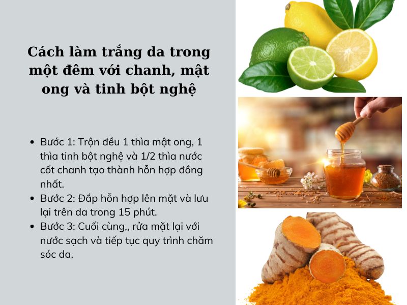 cách làm trắng da mặt với hỗn hợp chanh, mật ong và tinh bột nghệ